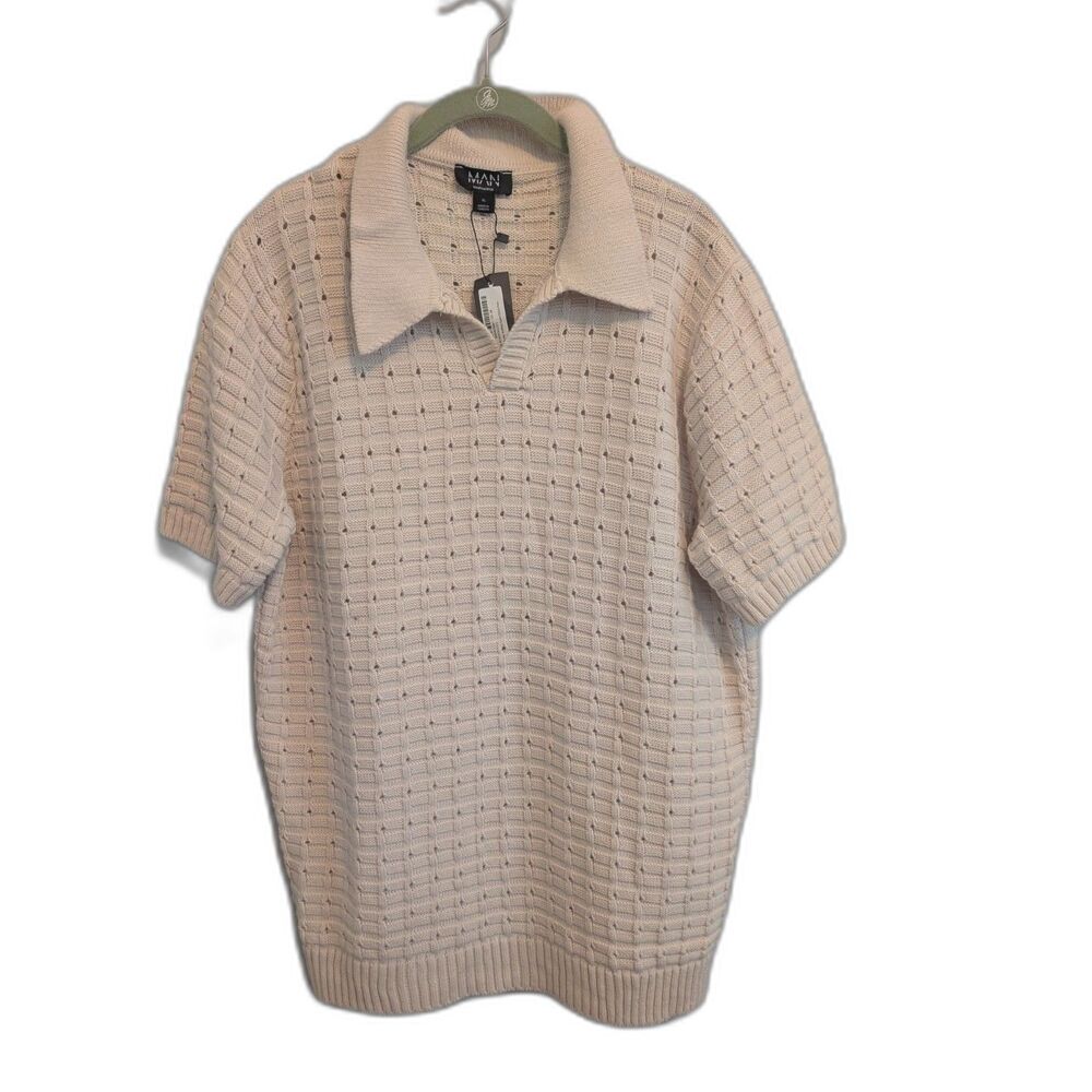 boohooMan Men's Tall Chunky Knitted Open Stitch Polo Shirt- Cream XL